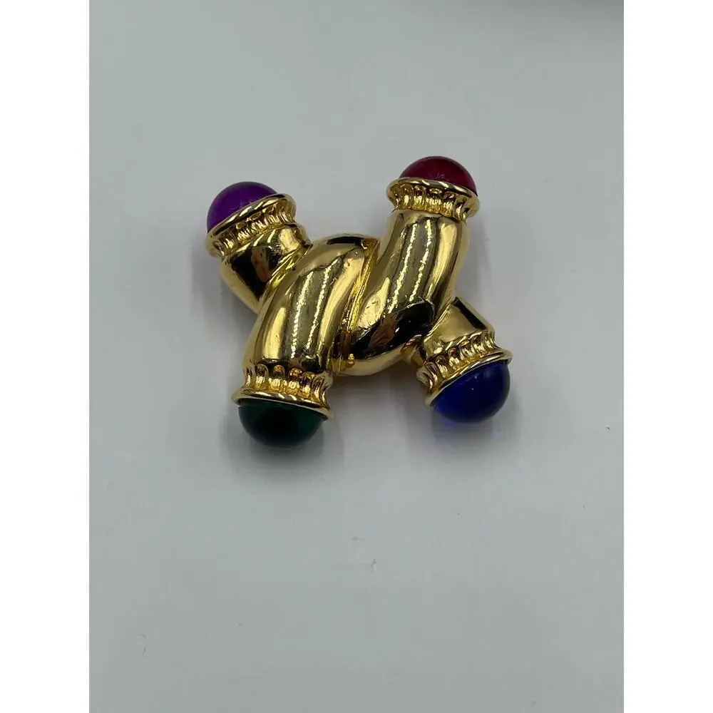 IVANA Signed Vintage Gold W/ Multicolored Cabochons Gripoix Style‎ Brooch